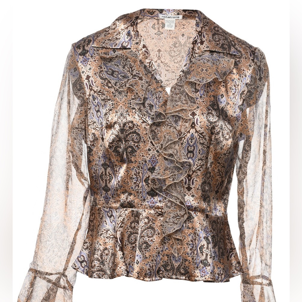 Notations Paisley Ruffle Blouse XL Sheer Y2K Boho Bell Sleeve Top